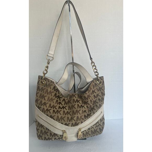 Michael Kors Signature Brown Canvas with White Leather Shoulder/Hand Bag Purse - Picture 1 of 16